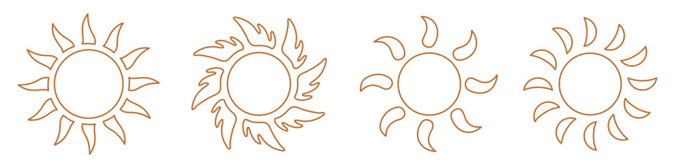 Sun icon set, boho sun, solar isolated icon, bohemian moon with rays, sunshine, sunset, summer, sunlight