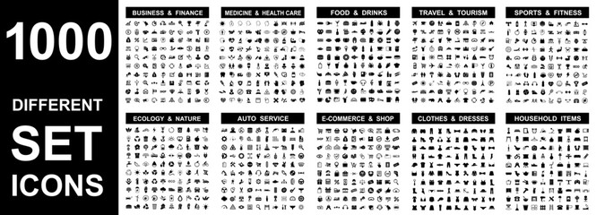 Set 1000 icons: business, medical, food, travel, sport, ecology, service, shopping, clothes, home living, big signs collection - obrazy, fototapety, plakaty