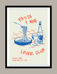 Wine and pasta hand drawn illustration in a poster frame for wall art gallery