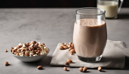 A glass of milk with peanuts on a napkin