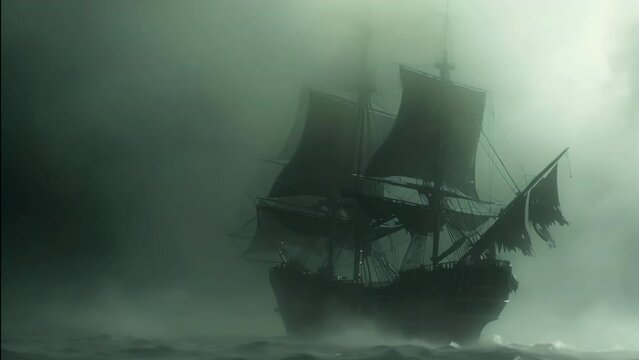 Pirate ship with black tattered sails sailing through fog. Mystery scary boat. Mystical ghost sailboat. Creepy vessel floating sea, ocean. Gloomy foggy weather. Fairytale historical nautical travel.