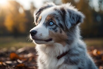 Close up of a cute Australian Shepherd puppy looking at the sky