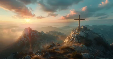 Fotobehang christ cross on a mountain top at sunrise in © SD2