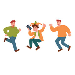 Set of happy young men in casual clothes jumping and dancing. Vector illustration