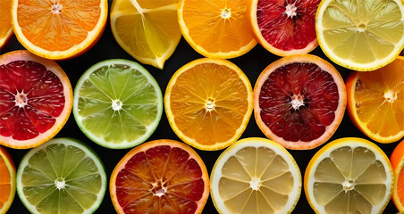 Fototapeta premium Green , Yellow , Red and orange sliced citrus in row isolated on green background