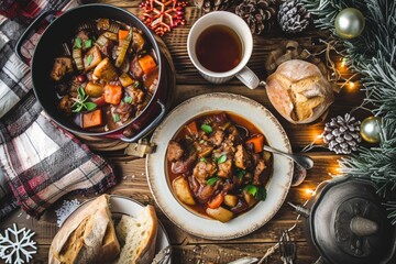 Rustic Beef Stew with Artisan Bread on Wooden Table