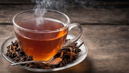 A cup of tea with star anise on a saucer