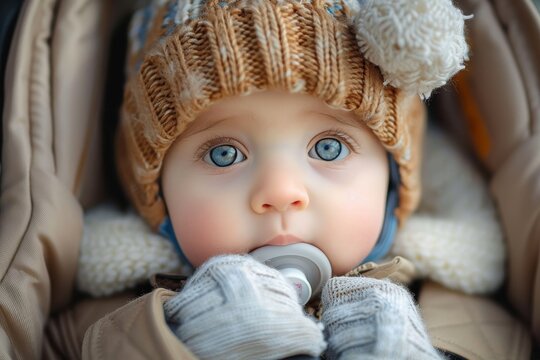 A precious newborn snuggled up in a cozy knit cap and tiny gloves, adorably resembling a doll as they are kept warm and stylish indoors by their loving caregiver