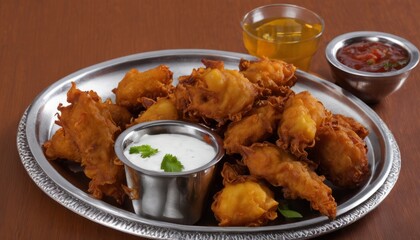 A plate of food with a dipping sauce
