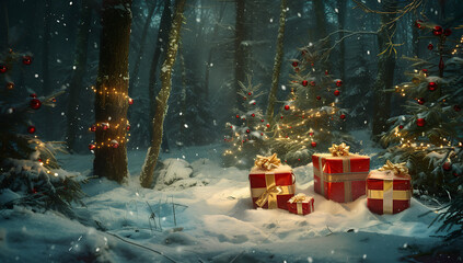 christmas snowy winter scene with presents in - obrazy, fototapety, plakaty