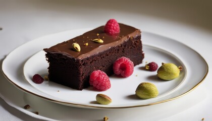 A slice of chocolate cake with raspberries and pistachios on a white plate