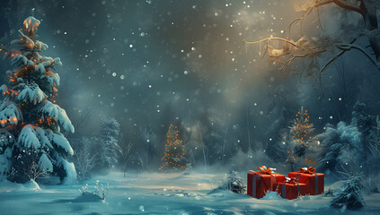 christmas snowy winter scene with presents in - obrazy, fototapety, plakaty