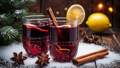 A glass of wine with cinnamon sticks and a lemon wedge