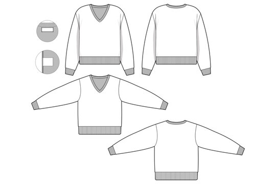 v-neck sweater flat technical drawing illustration mock-up template for design and tech packs men or unisex fashion CAD streetwear women.