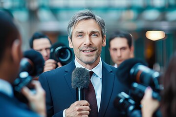 A charismatic journalist captivates the crowd with his infectious smile and commanding presence, microphone in hand and dressed in a sharp suit, as he delivers a powerful message outdoors