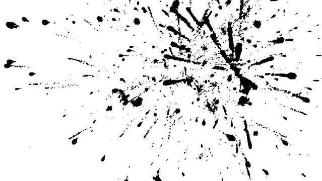 Splashes of black ink on a white background. Spots and spray drops in motion.