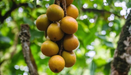 A bunch of green fruits hanging from a tree