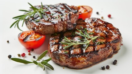 Grilled steaks with fresh herbs and tomatoes isolated on a white background.