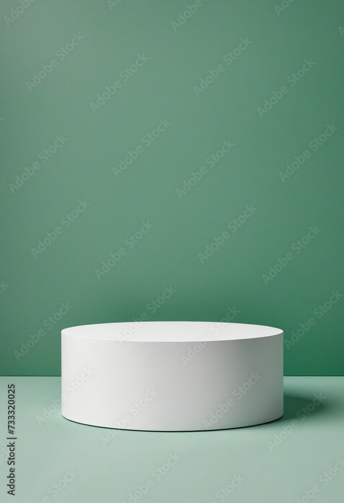 Poster front view of white round empty podium on green background. minimal art background with copy space f