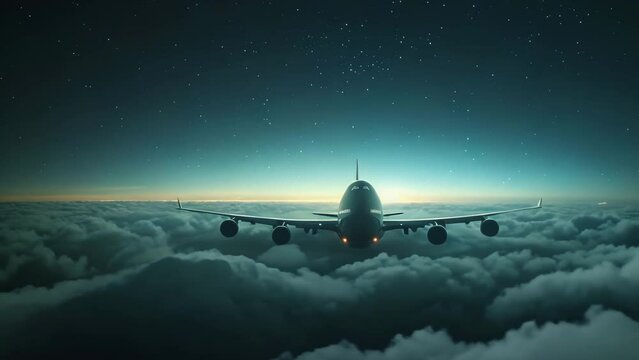 Commercial airplane fly sky above cities. Passenger plane flight. Aircraft cruising high altitude. Business jet propelling forward. Fluffy white cumulus clouds. Travel destination rount. Vacation trip