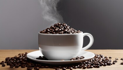 A cup of coffee with beans on the table - obrazy, fototapety, plakaty