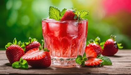 A glass of strawberry lemonade with strawberries on the side