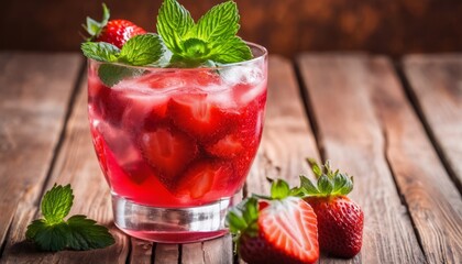 A glass of strawberry lemonade with strawberries on the side - obrazy, fototapety, plakaty