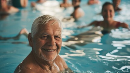 Obraz premium Cheerful Elderly Caucasian Man Enjoying Time in Swimming Pool