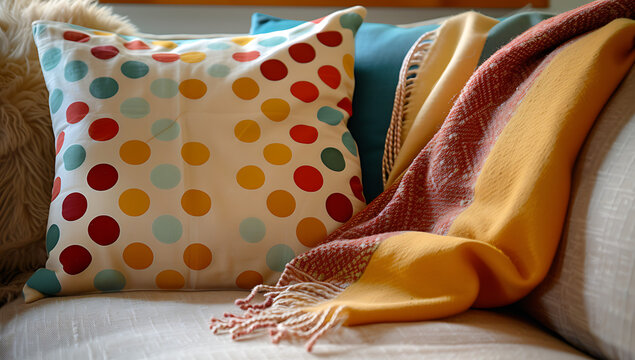 colorful pillow with polka dots on a sofa in