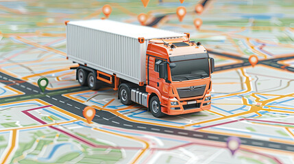 Business truck with container travelling on paper map