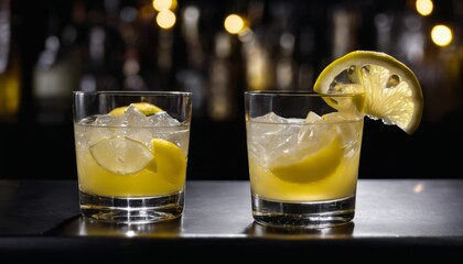 Two glasses of lemonade with lemon slices on top