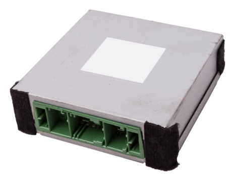 Metallic car engine control unit with plastic elements on a white isolated background is connecting center of various subsystems, units and assemblies. Monitoring the state of the moment. Spare part.