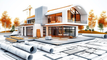 Building house on blueprints - construction project of a modern house - obrazy, fototapety, plakaty