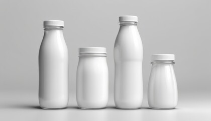 Three white milk bottles with white caps - obrazy, fototapety, plakaty