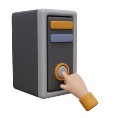 3d render illustration of human hand press button on pc tower. Technology concept. Illustration for web or app design. Turn on the computer