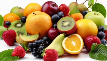 A pile of fresh fruit on a white background