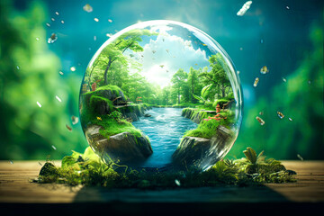 water drop with a landscape of a river and a forest inside, with green background and supported on wood