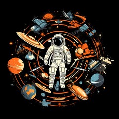 Astronaut Surrounded by Planets and Cosmic Elements on a Dark Background