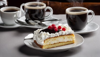 A slice of cake with whipped cream and strawberries on a white plate