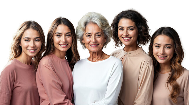 Women family generations portrait isolated on white, transparent, smiling granny, mom and daughters, PNG