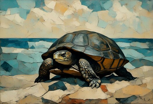 AI generated illustration of an oil painting of turtle by beach water