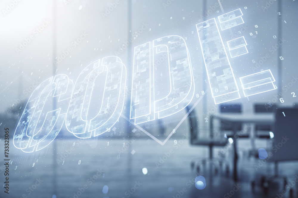 Poster code word hologram on a modern coworking room background, international software development concept