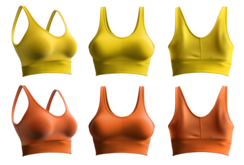 2 Set of yellow orange mustard, front back side view, sports exercise bra tank crop top on transparent background cutout, PNG file. Mockup template for artwork graphic design