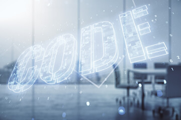 Code word hologram on a modern coworking room background, international software development concept. Multiexposure