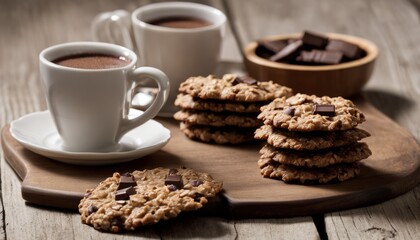 Fototapeta na wymiar A plate of cookies and two cups of coffee