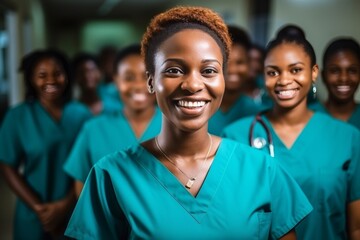 Cheerful young nursing student with her team in hospital, wearing scrubs and stethoscope