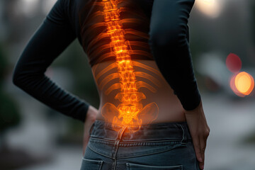 Lumbar pain, intervertebral spine hernia, woman with back pain outdoors, spinal disc disease, health problems concept - obrazy, fototapety, plakaty