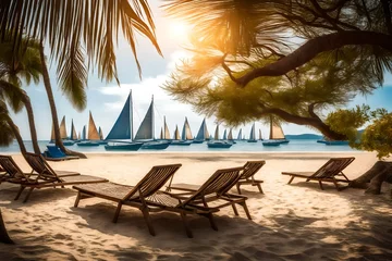Zelfklevend Fotobehang Sun loungers arranged in a symmetrical pattern along the water's edge, with a sailboat in the distance adding to the idyllic beach scene. © Hussain