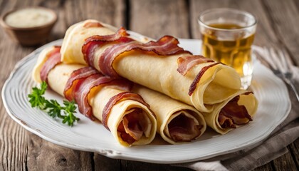 A plate of bacon wrapped crepes with a glass of syrup