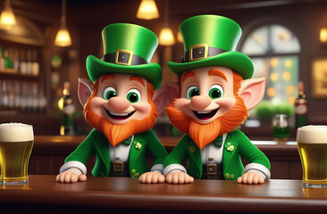 two cheerful cartoon leprechauns drink beer in a pub